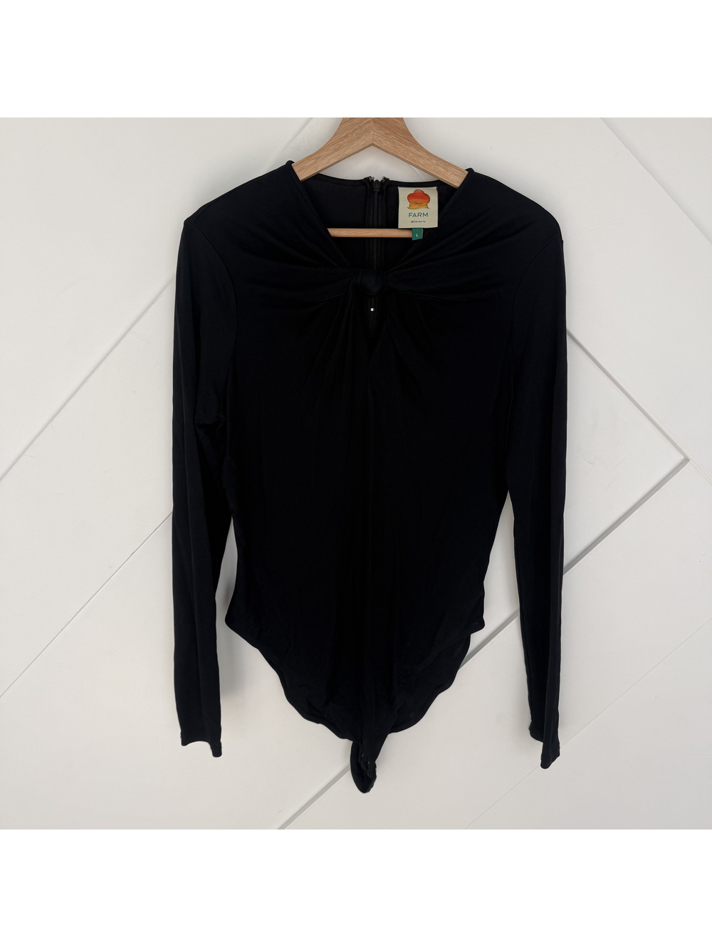 FARM Rio Black Long Sleeve Bodysuit with Front Knot Detail, Size Large